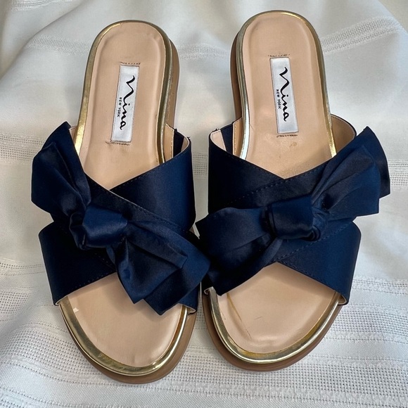 Platform Sandal Flip Flop Nina Navy Satin Gold Sz‎ 5 EUC - Picture 12 of 13